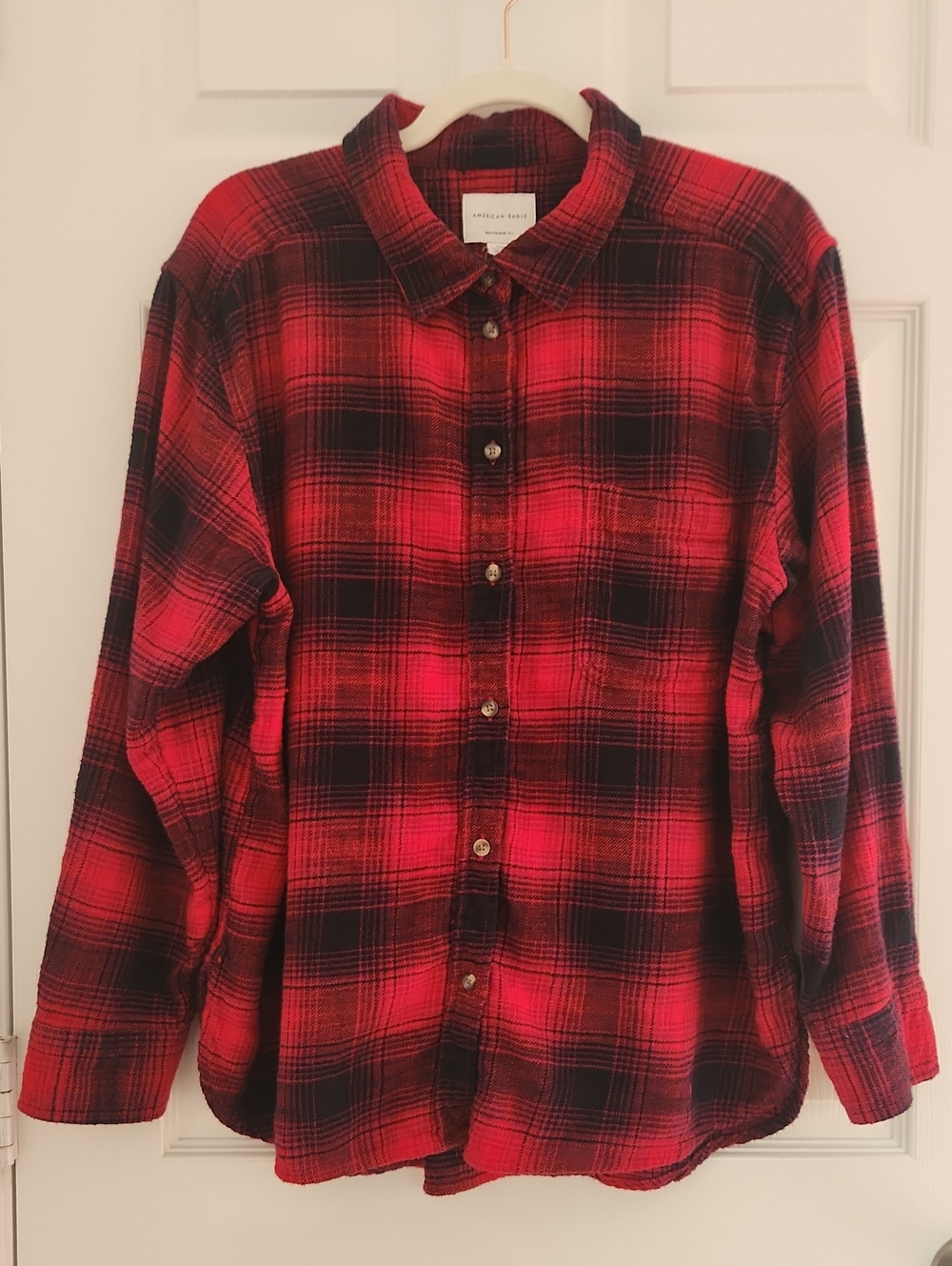 100% Cotton Soft Cozy Fall Red Black Plaid Boyfriend Fit Button-Down Shirt